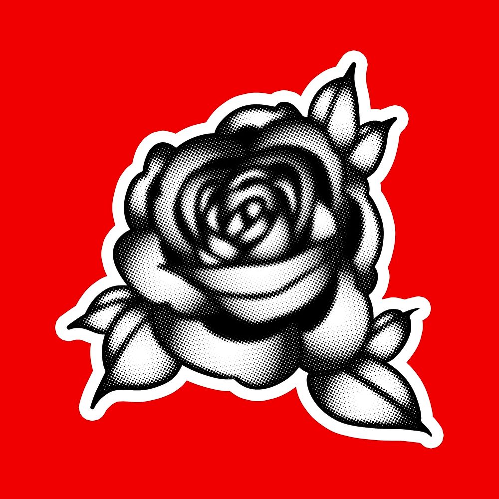 Gray halftone rose flower sticker with a white border