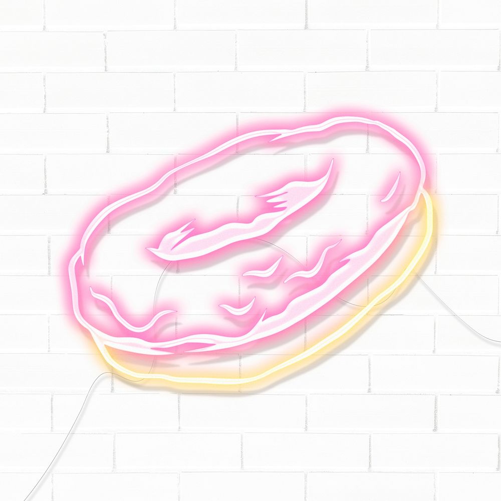 Neon pink donut sticker overlay design resource on a white brick wall background