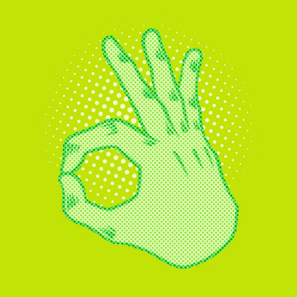 Pop art style green ok hand sign sticker overlay with halftone effects design resource
