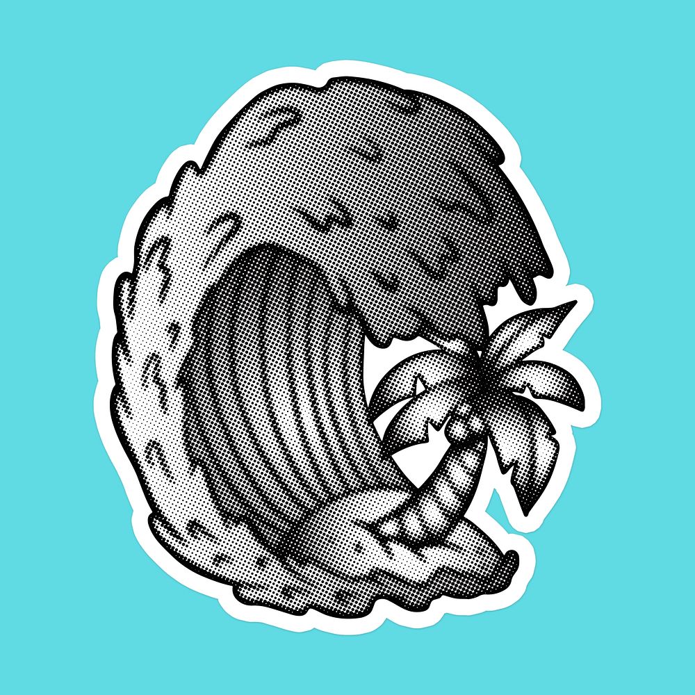 Black and white ocean wave with a coconut tree sticker with a white border
