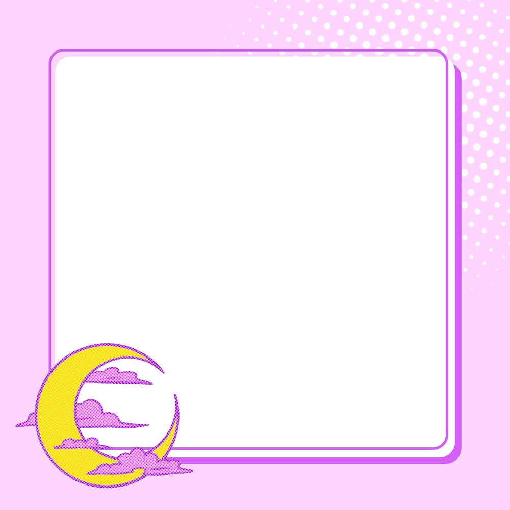 Pop art yellow crescent moon with pink clouds frame