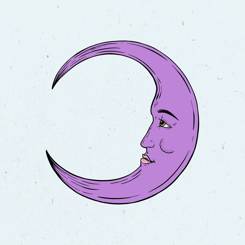 Purple crescent moon sticker overlay on a light blue background 
