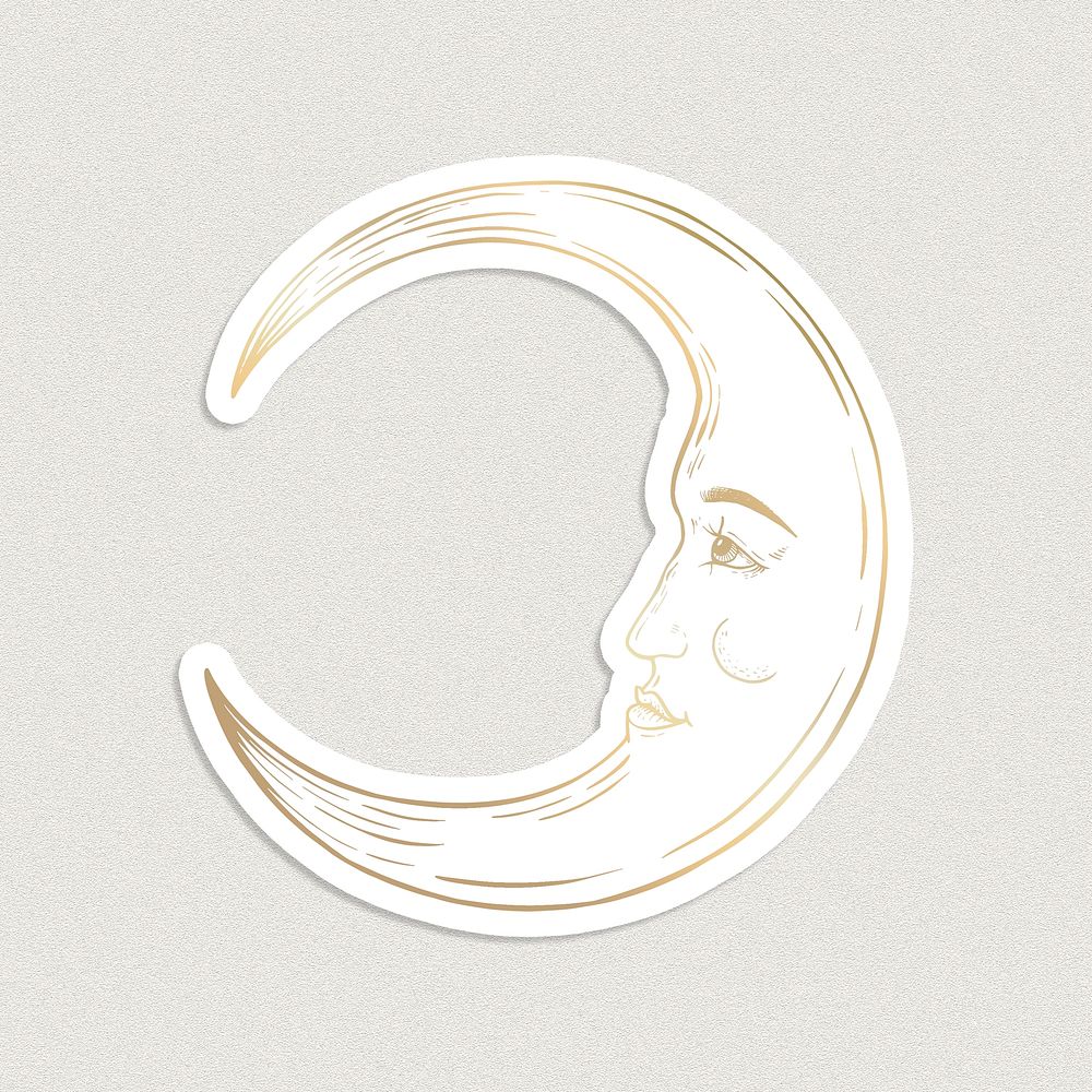 Golden crescent moon face sticker overlay with a white border design resource