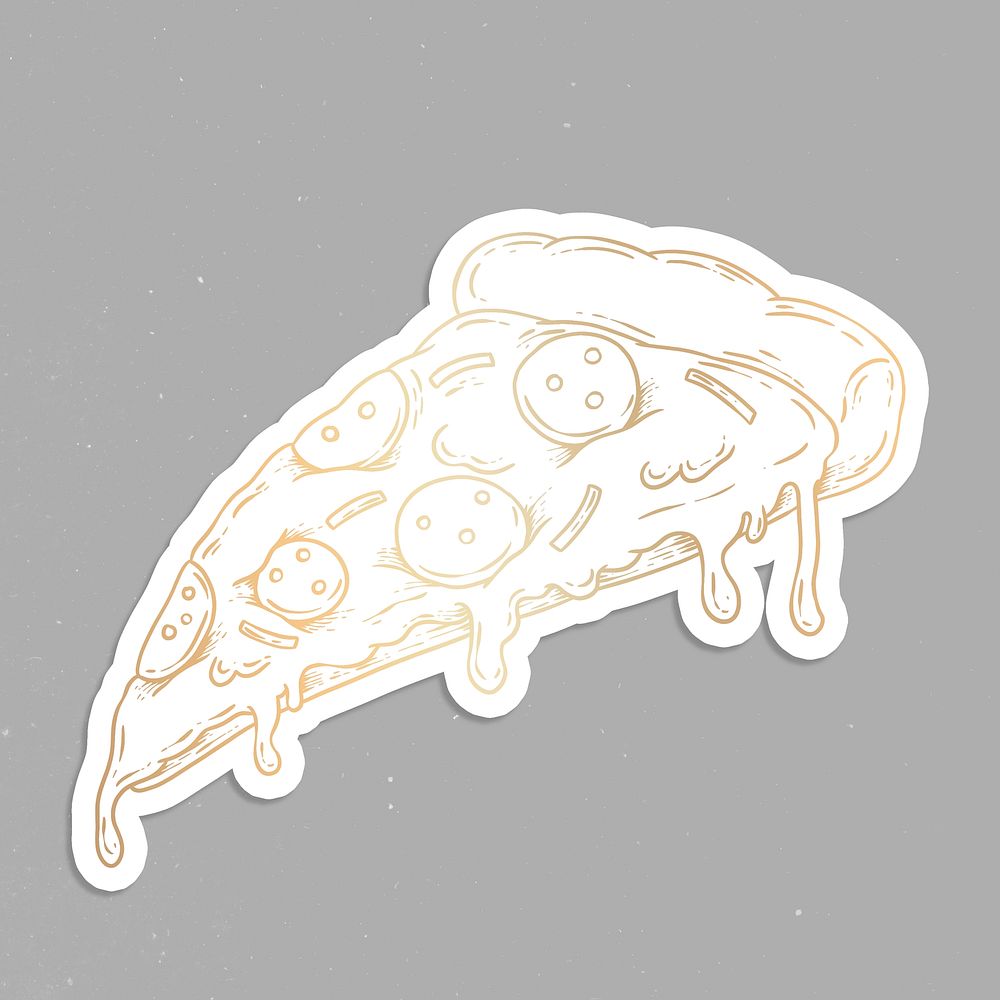 Golden pepperoni pizza slice sticker overlay on a gray background
