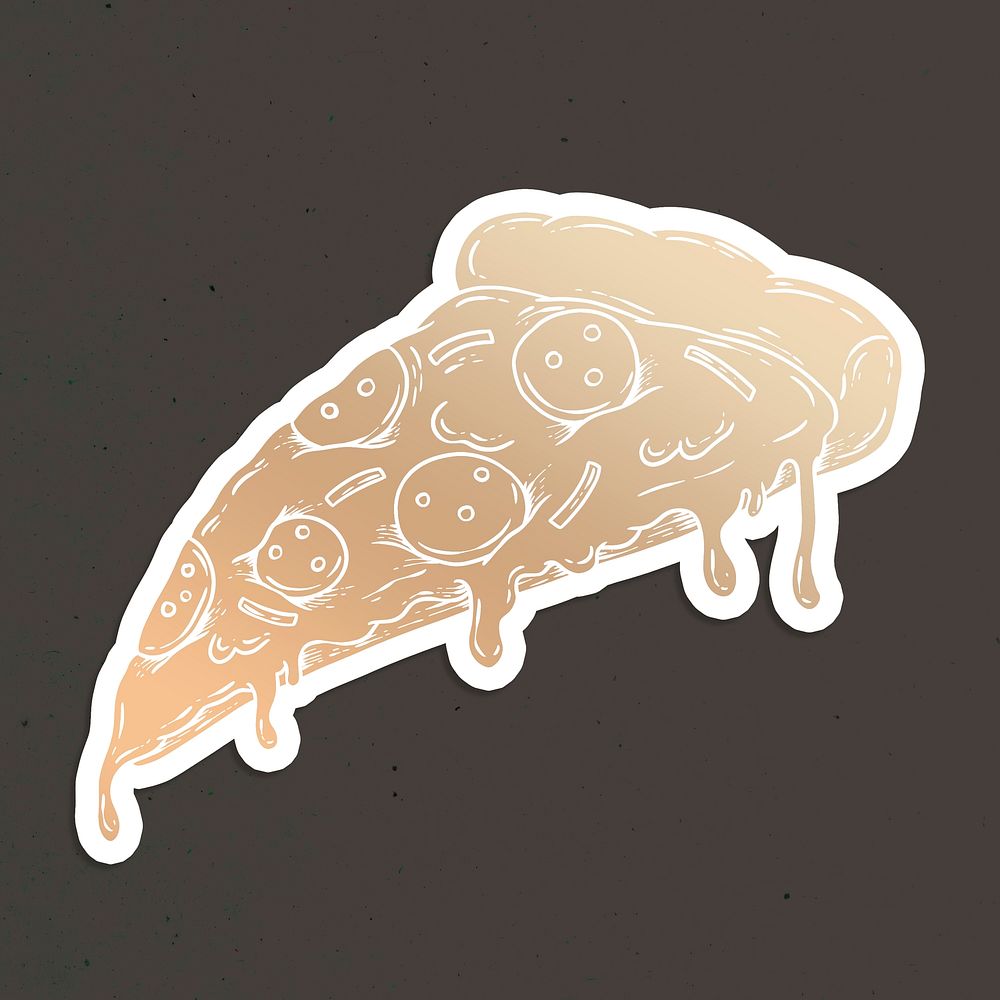 Golden pepperoni pizza slice sticker overlay on a gray background 