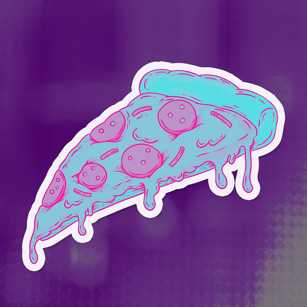 Funky neon pepperoni pizza slice sticker overlay on a violet background