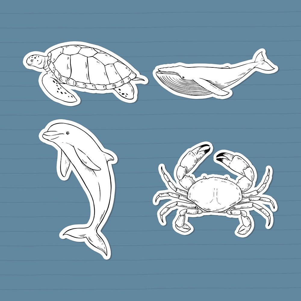 Marine animal sticker black and white collection clipart