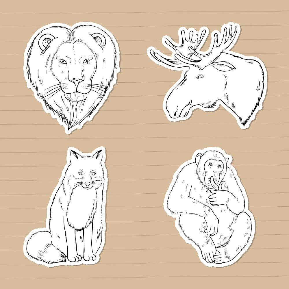 Hand drawn wildlife sticker black and white set illustration