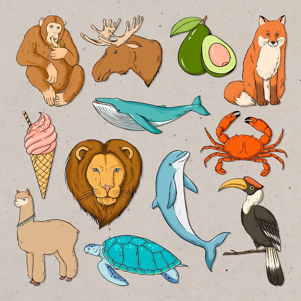 Wildlife sticker colorful set vintage illustration