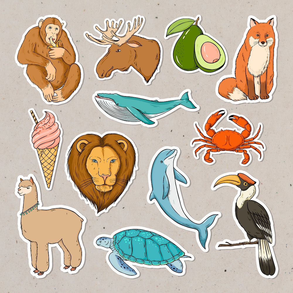 Animal sticker colorful set vintage illustration