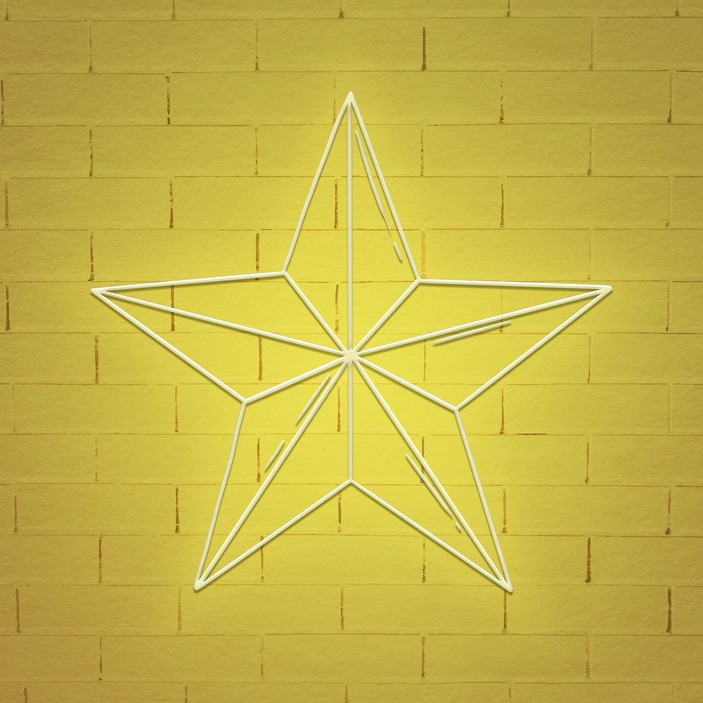 Yellow neon star icon on brick wall background