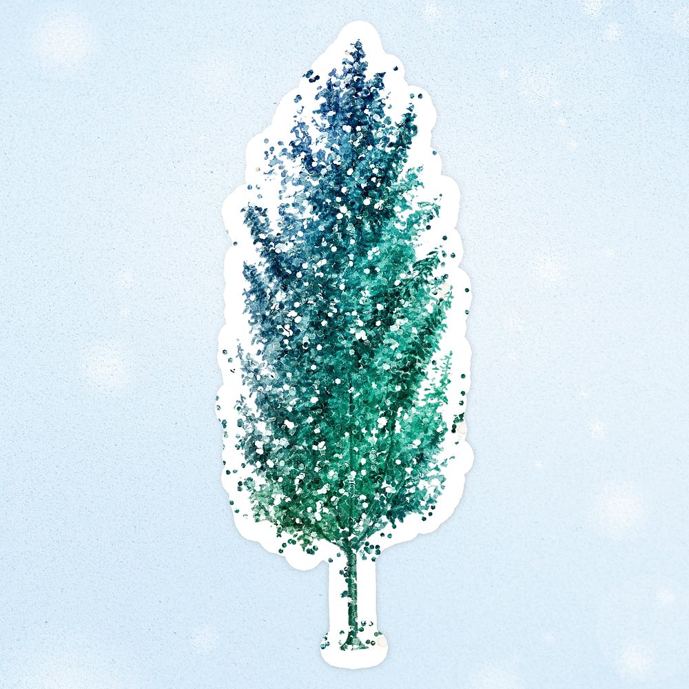 Glittery green spruce tree sticker overlay on a sky blue background
