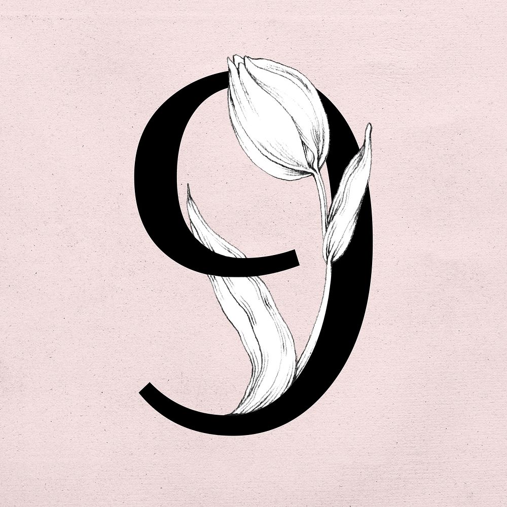 Number 9 font botanical decorated typography
