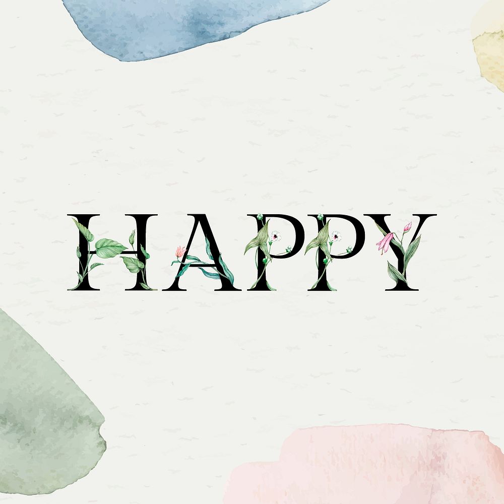 Vector happy word floral font decorated typography