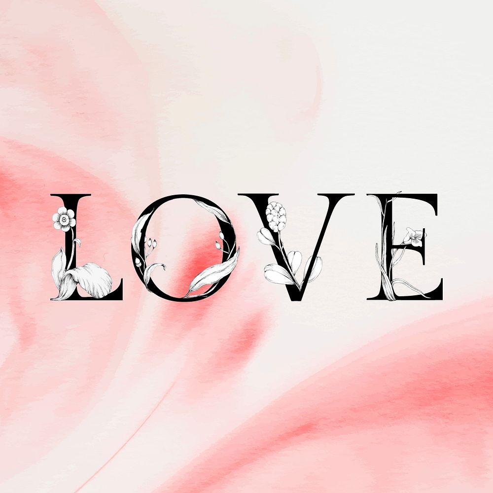 Vector love word decorated font watercolor typography