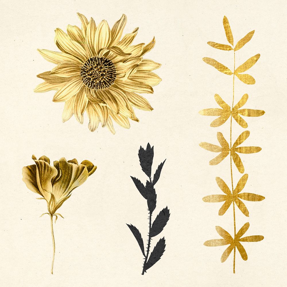 Vintage leaf and flowers golden botanical sticker collection