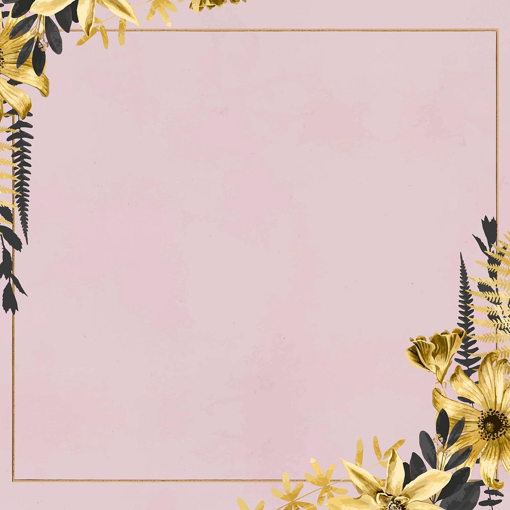 Vintage flowers vector gold frame illustration pink background