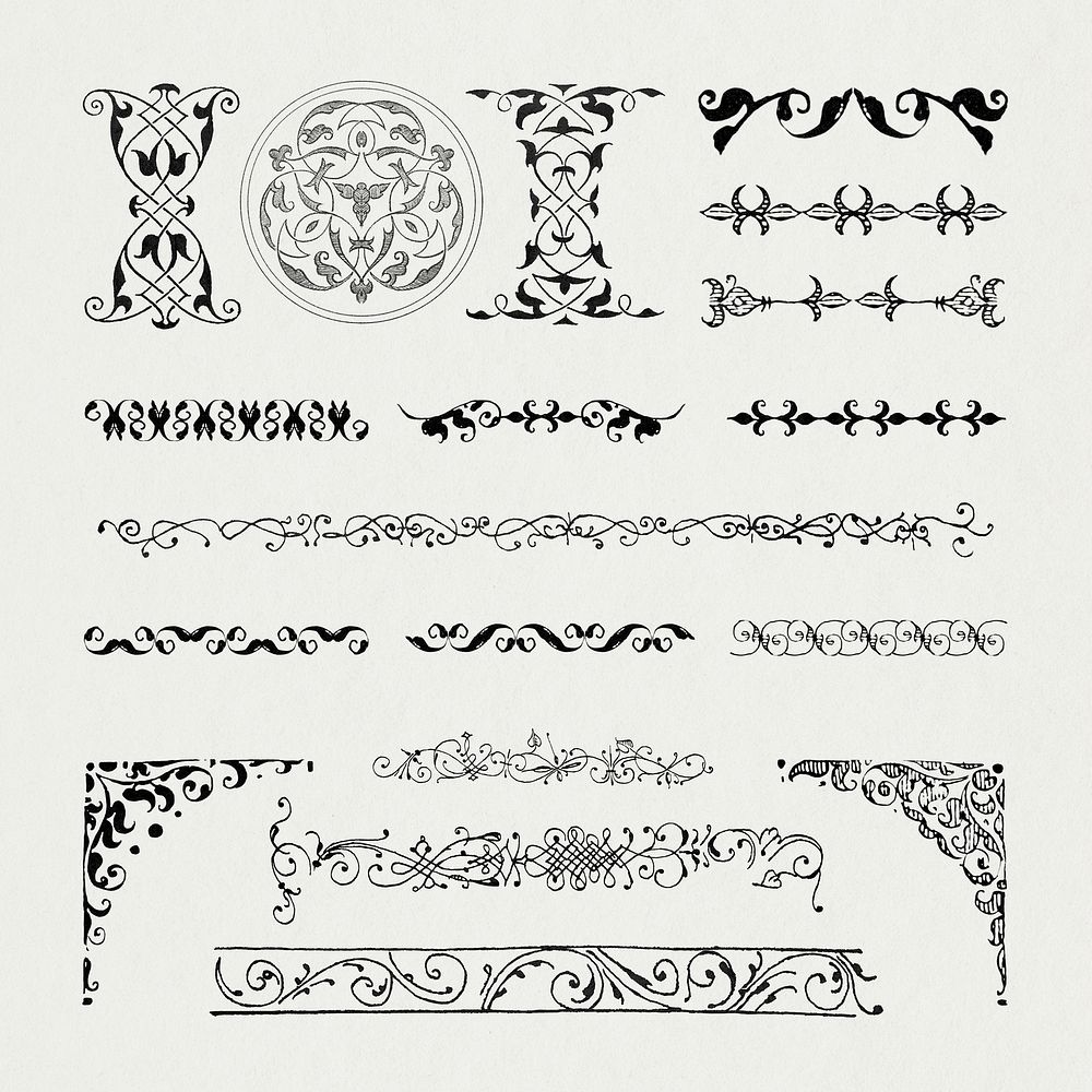 Black vintage ornamental flourish divider element set, remix from The Model Book of Calligraphy Joris Hoefnagel and Georg…