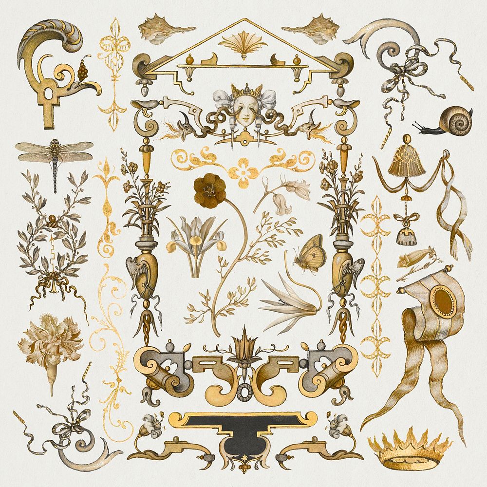 Victorian gold ornament set, remix from The Model Book of Calligraphy Joris Hoefnagel and Georg Bocskay