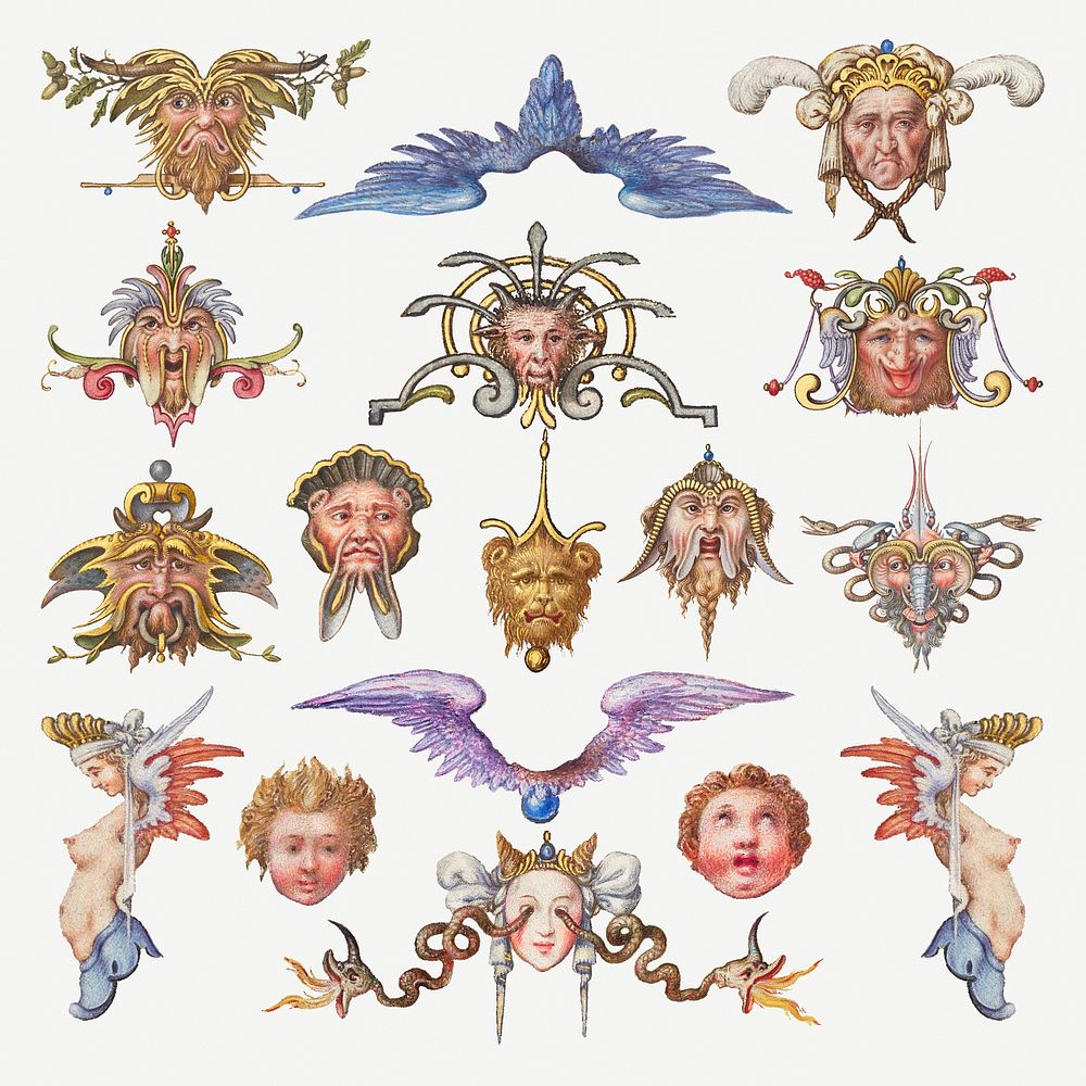 Troll cherub medieval mythical creature set, remix from The Model Book of Calligraphy Joris Hoefnagel and Georg Bocskay