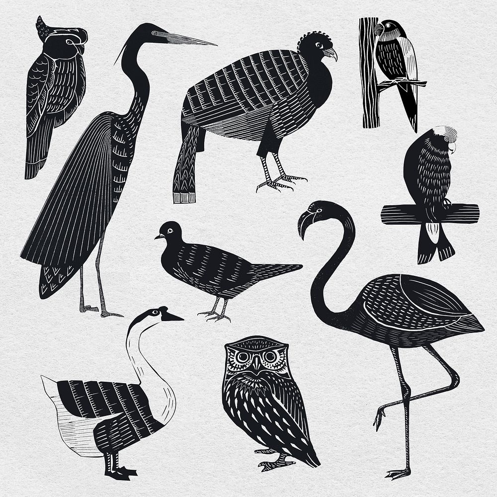 Animals black linocut stencil pattern drawing set