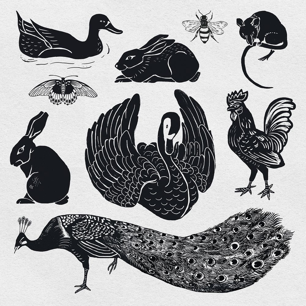 Birds black linocut stencil pattern drawing collection