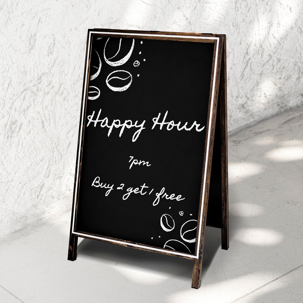 Cafe chalkboard sign, happy hour advertisement