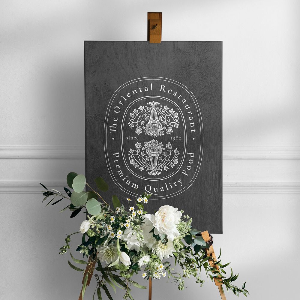 Wedding easel sign, white flowers photo