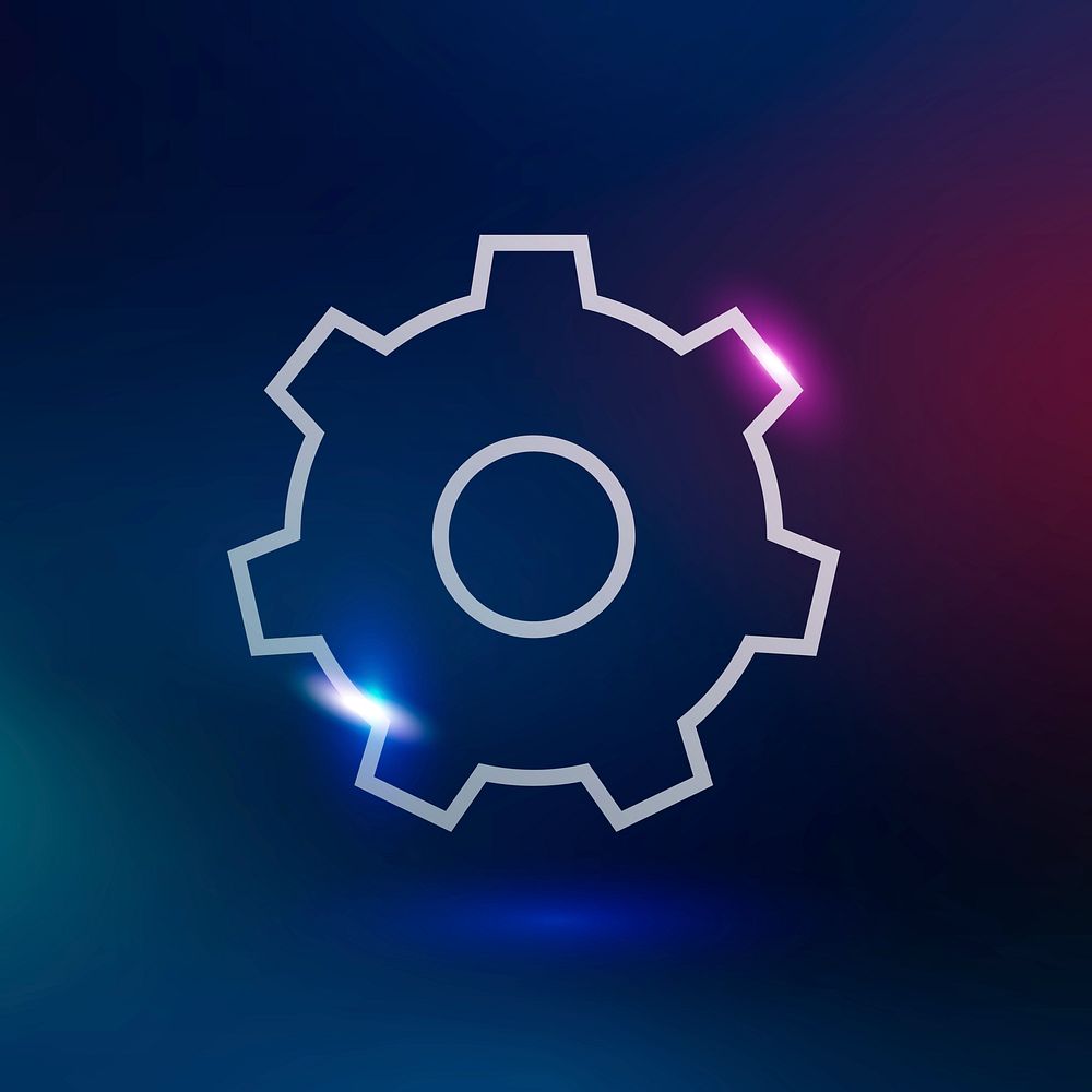 Setting gear technology icon in neon purple on gradient background