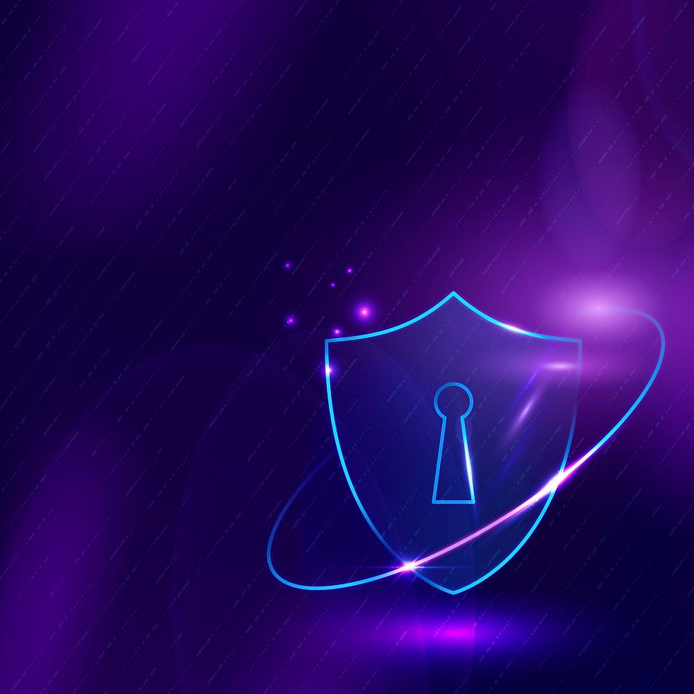 Cyber security technology background with data protection shield icon in purple tone
