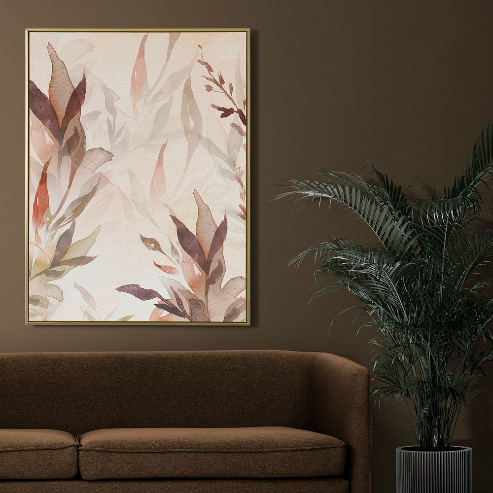 Minimal picture frame mockup psd floral painting hanging on the wall home decor