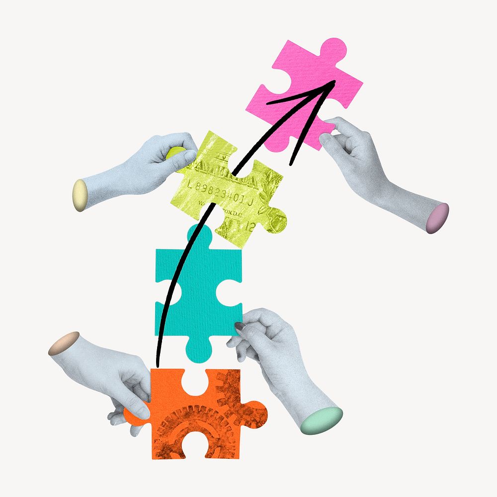 Hands holding puzzle, business teamwork remix