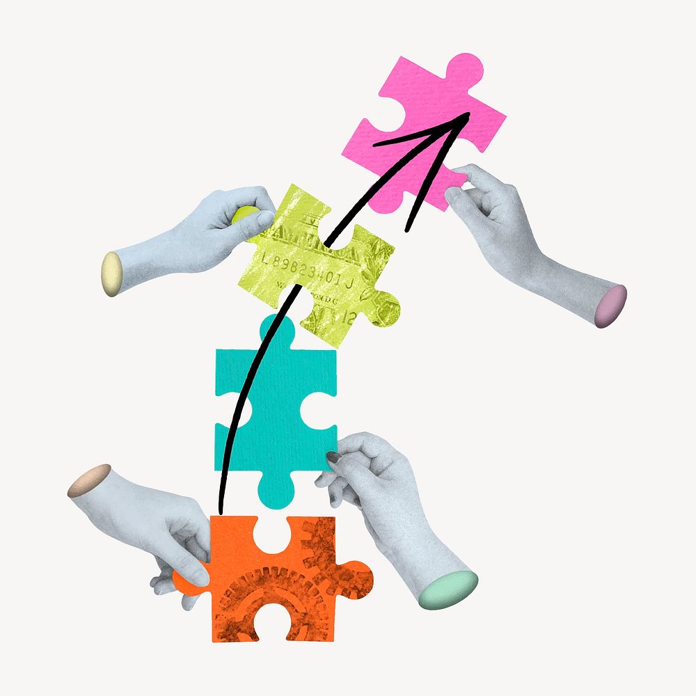 Hands holding puzzle, business teamwork remix vector