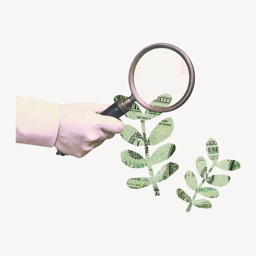 Hand holding magnifying glass, profit-seeking remix psd