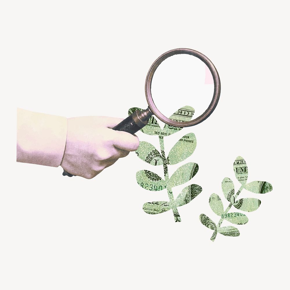 Hand holding magnifying glass, profit-seeking remix vector