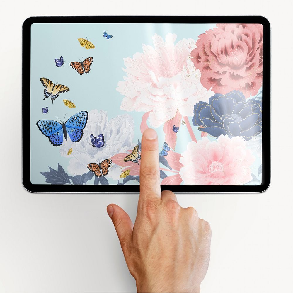 Hand touching tablet, flower & butterfly design