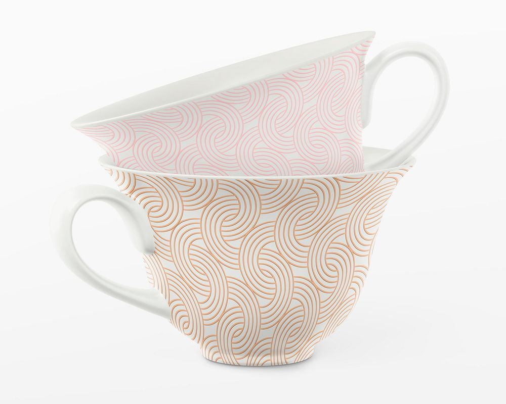 Tea cups mockup, abstract pattern product design psd