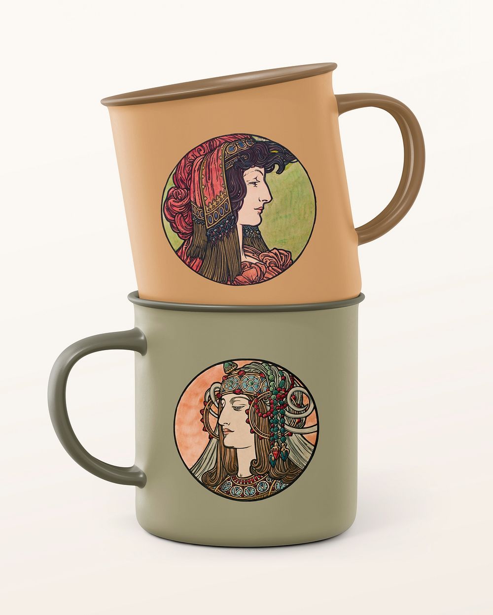 Camping mugs mockup, vintage woman product design psd