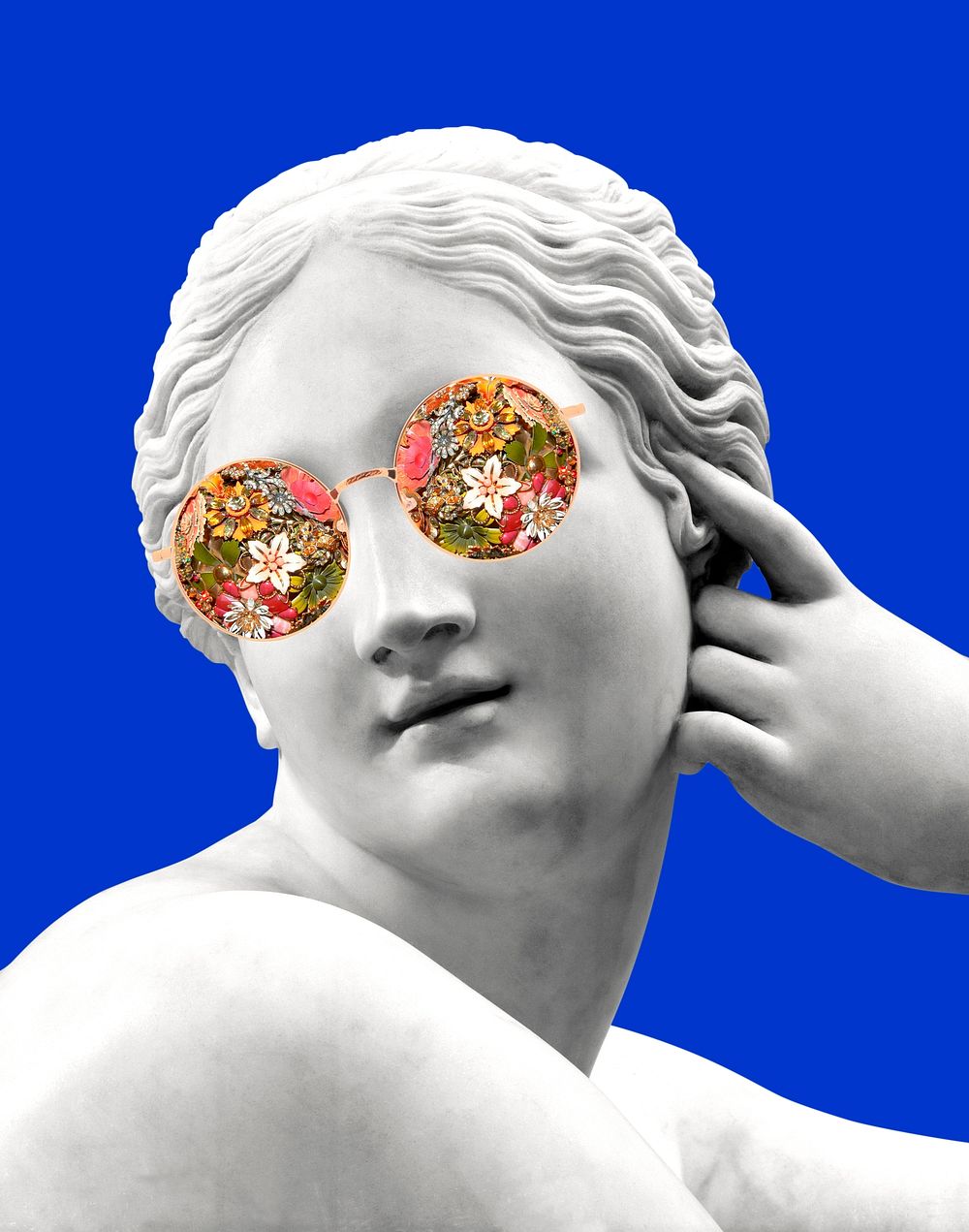 Greek goddess sculpture wearing floral sunglasses, aesthetic photo