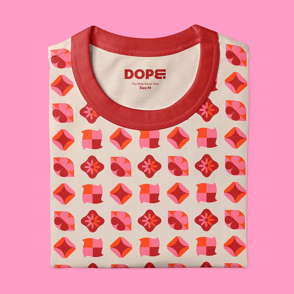 Pink t-shirt mockup, printed geometric retro pattern psd