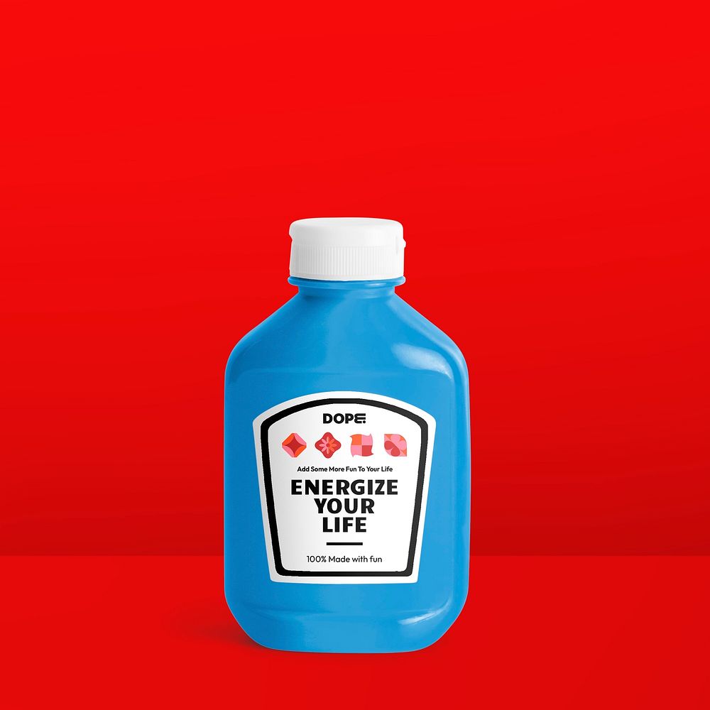 Blue ketchup bottle, food product packaging design