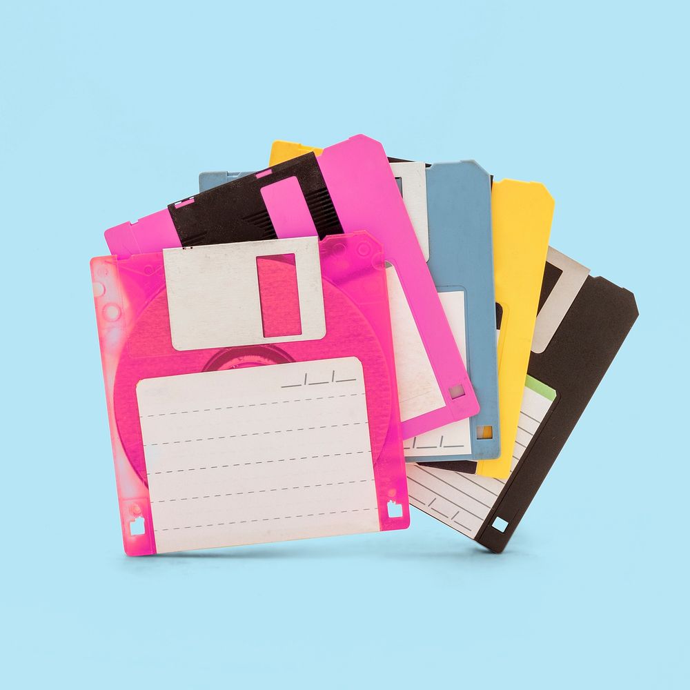 Colorful floppy disks, retro office equipment
