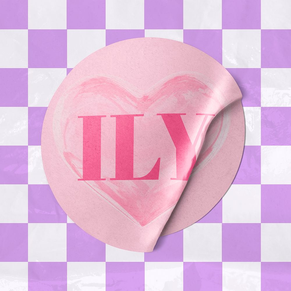 Cute pink ILY round sticker on checkered pattern design