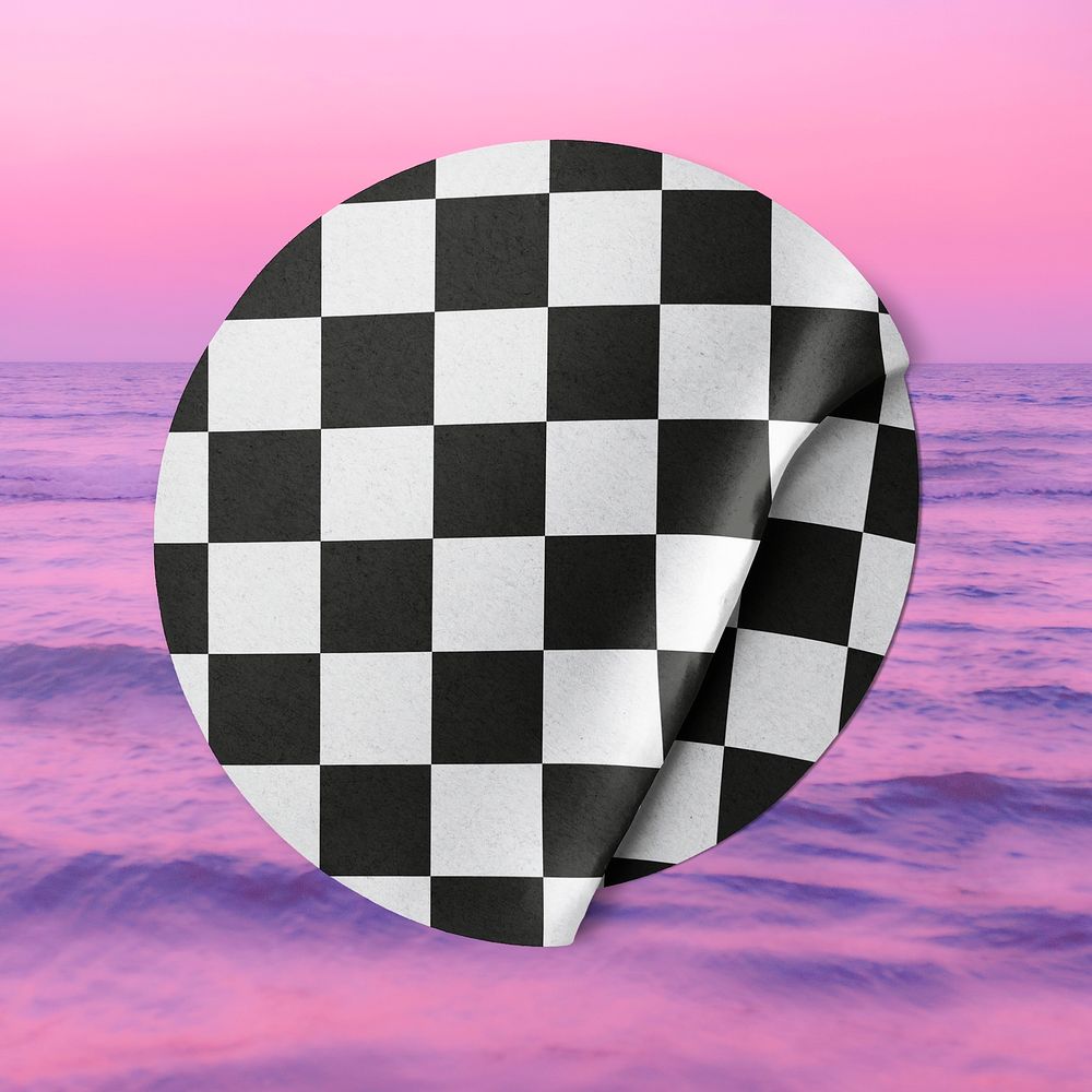 Checkered pattern round sticker on aesthetic beach design