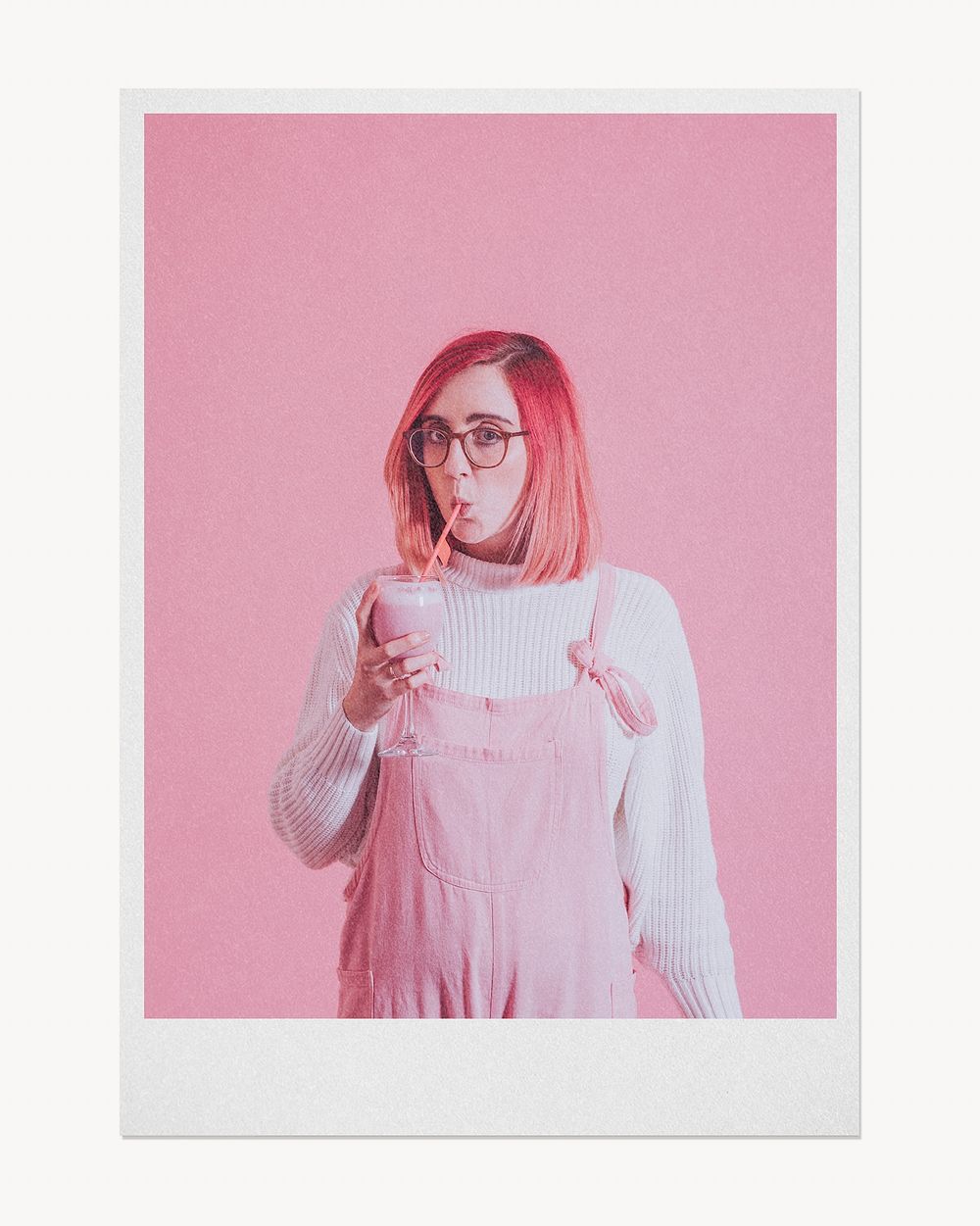 Pink woman drinking smoothie, instant photo