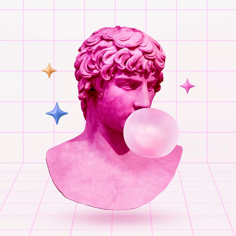 Sculpture blowing bubble gum collage element, colorful design psd