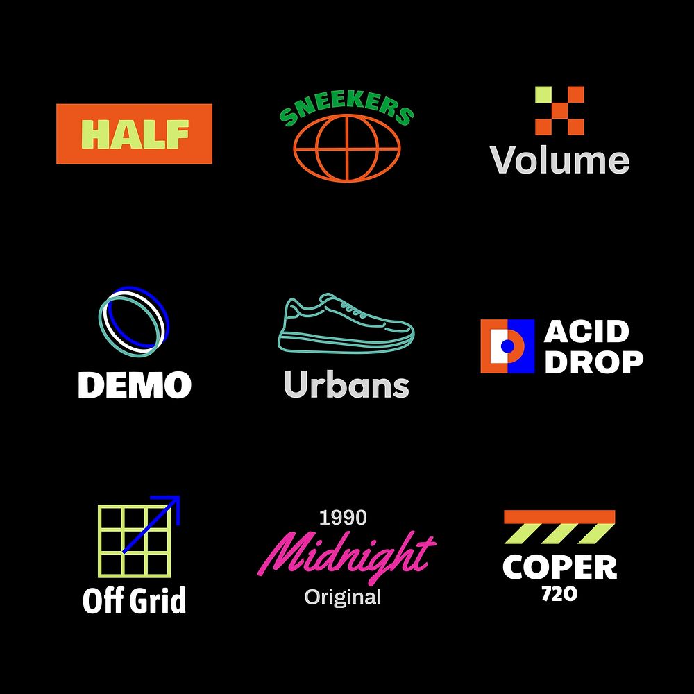 Colorful retro logo template, aesthetic design set psd
