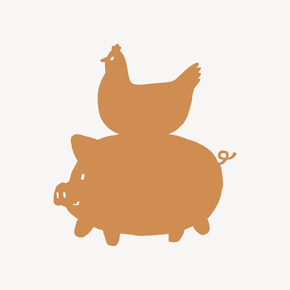 Brown farm animal, chicken on pig collage element illustration