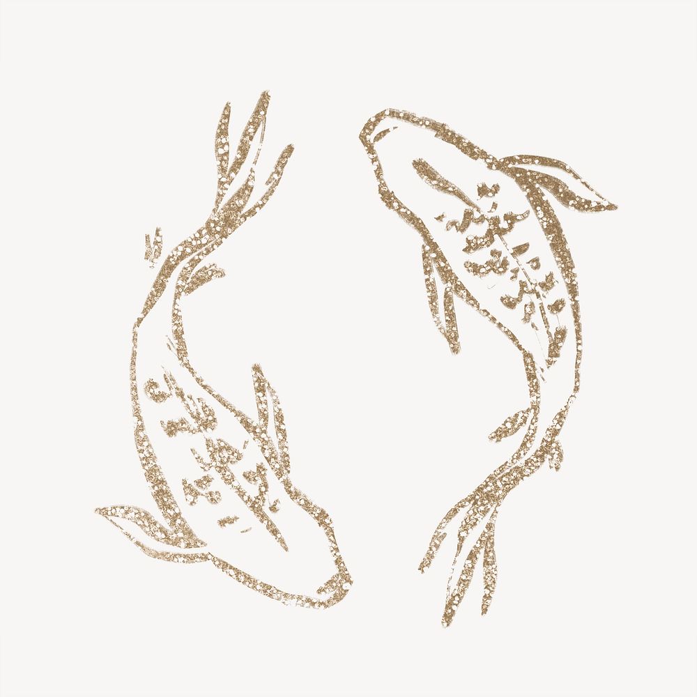 Carp fish gold glitter line art, doodle illustration