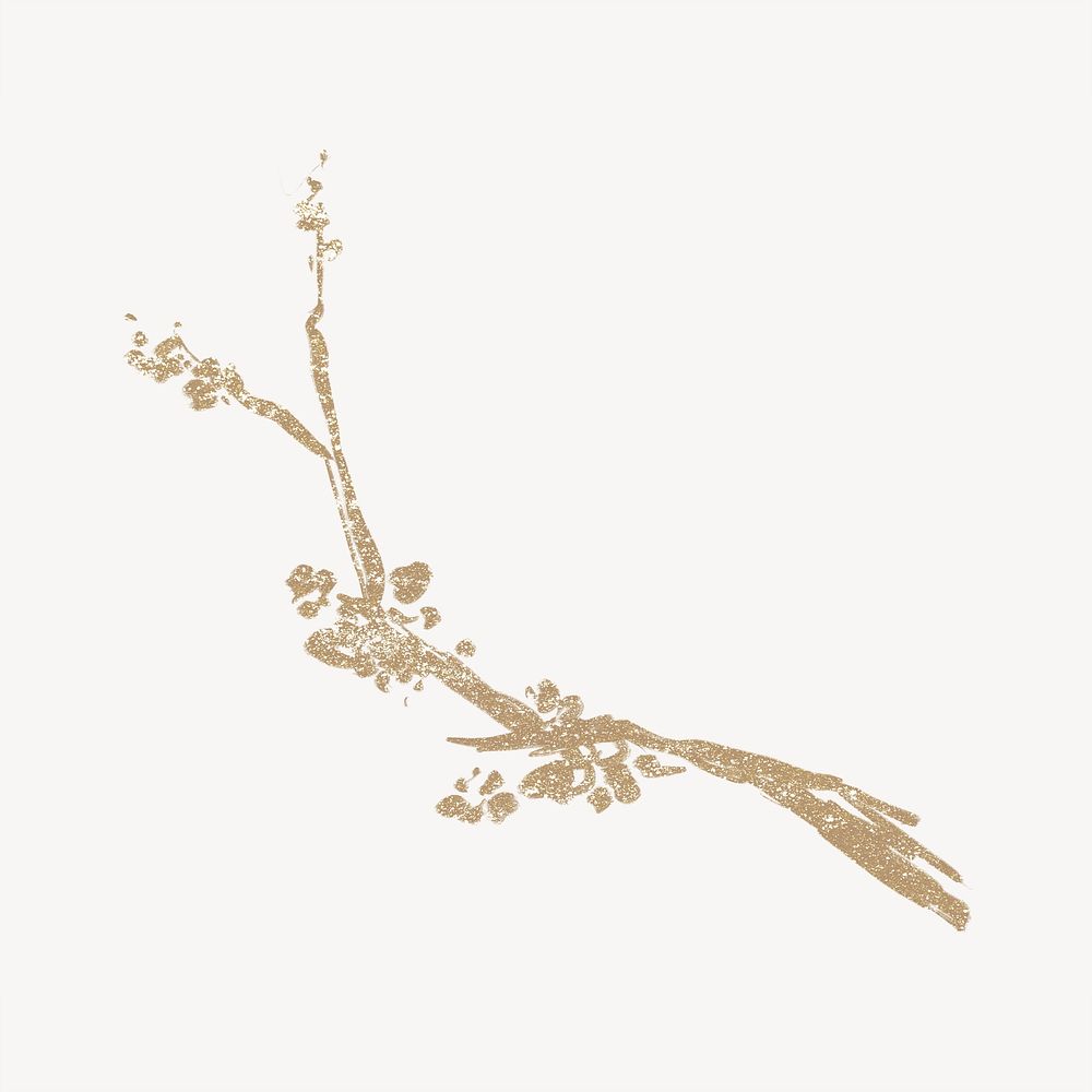 Gold branch collage element, botanical glittery design  psd